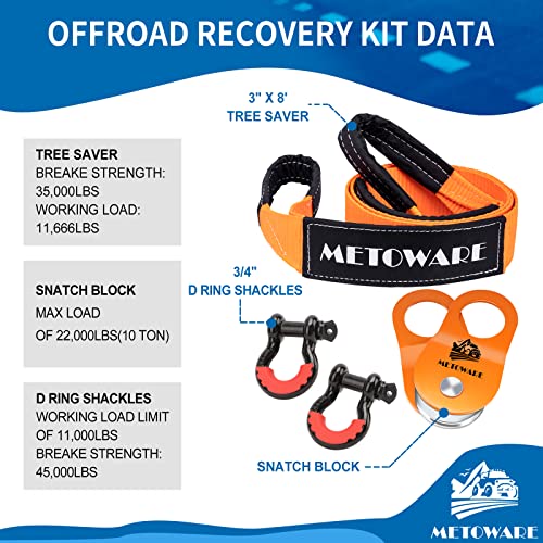 10 Ton Winch Snatch Block Pulley, Tree Saver Strap and D Ring Shackles I24635