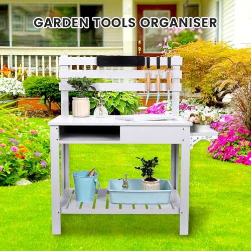 Wooden Potting Bench Table with 3 Side Hook Shelf P5347