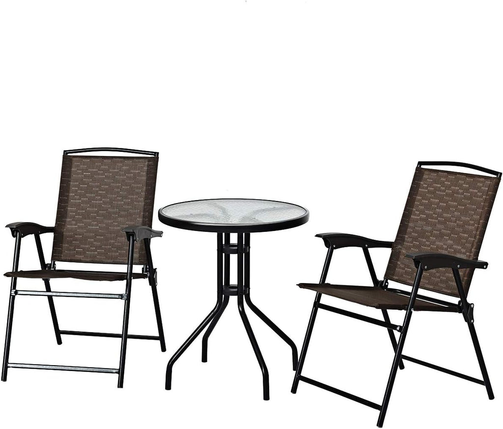 3-Piece Patio Bistro Set with Round Tempered Glass Table and 2 Foldable Chairs E307743