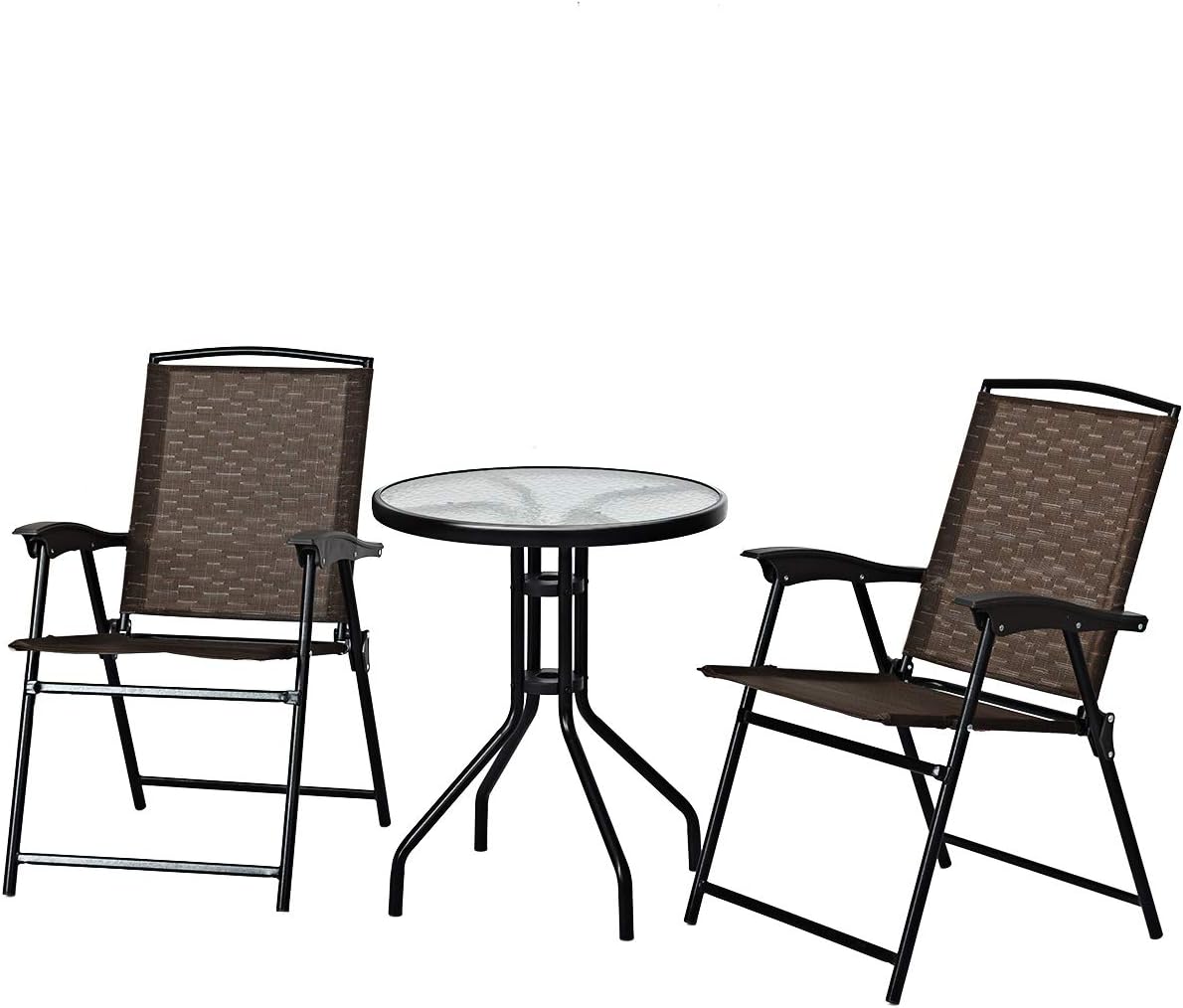 3-Piece Patio Bistro Set with Round Tempered Glass Table and 2 Foldable Chairs E307743