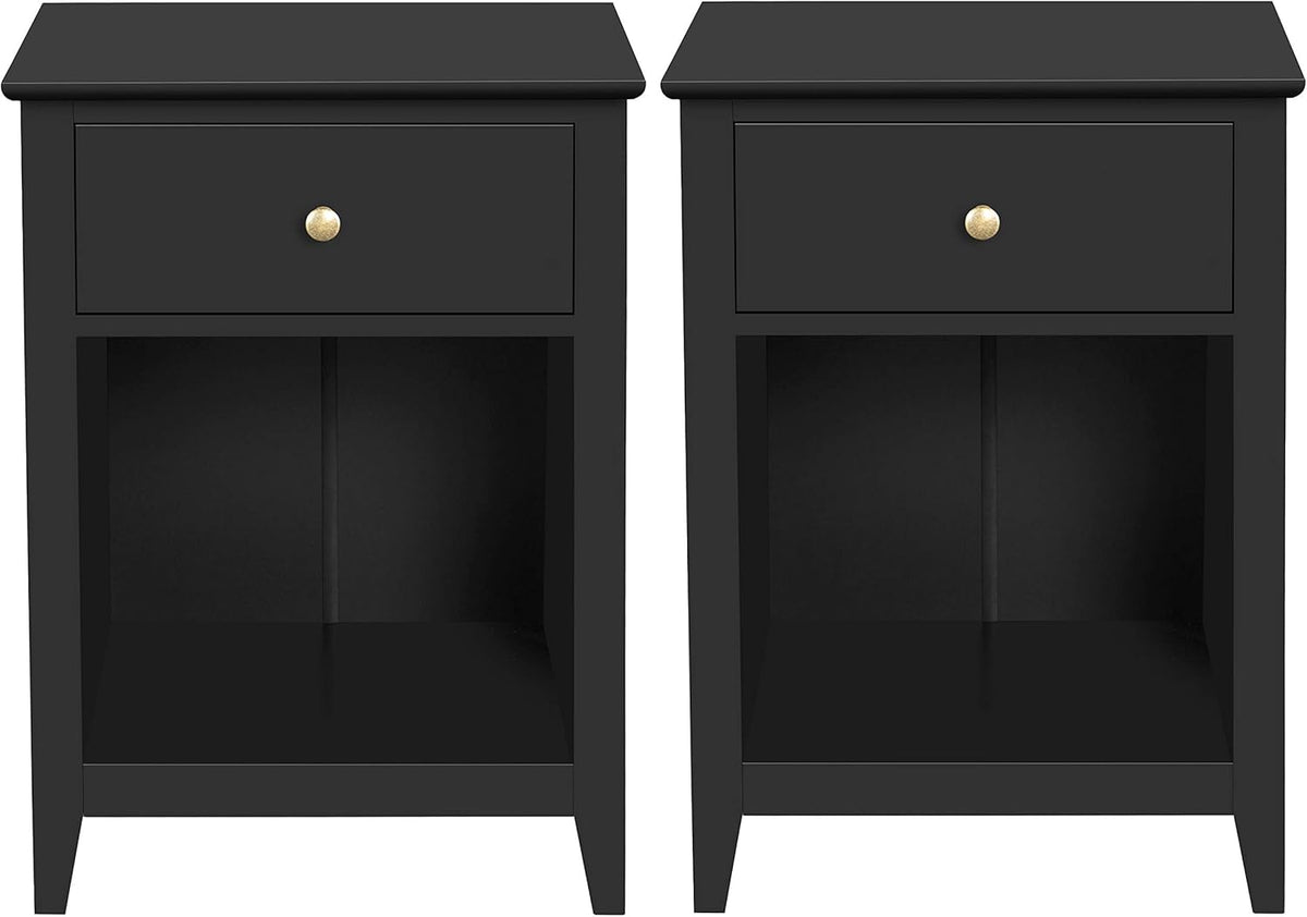 Black 2 Tier Wood Side Table with 1 Drawer and Bottom Shelf O442