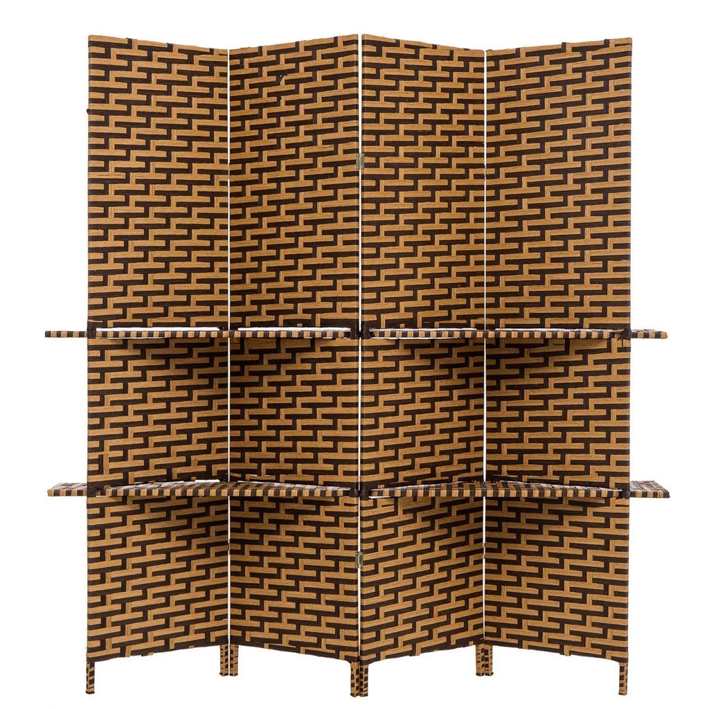 Freestanding Woven Bamboo 4 Panels Hinged Privacy Screen with Shelves U758