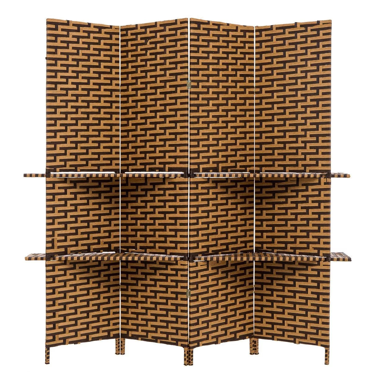 Freestanding Woven Bamboo 4 Panels Hinged Privacy Screen with Shelves U758