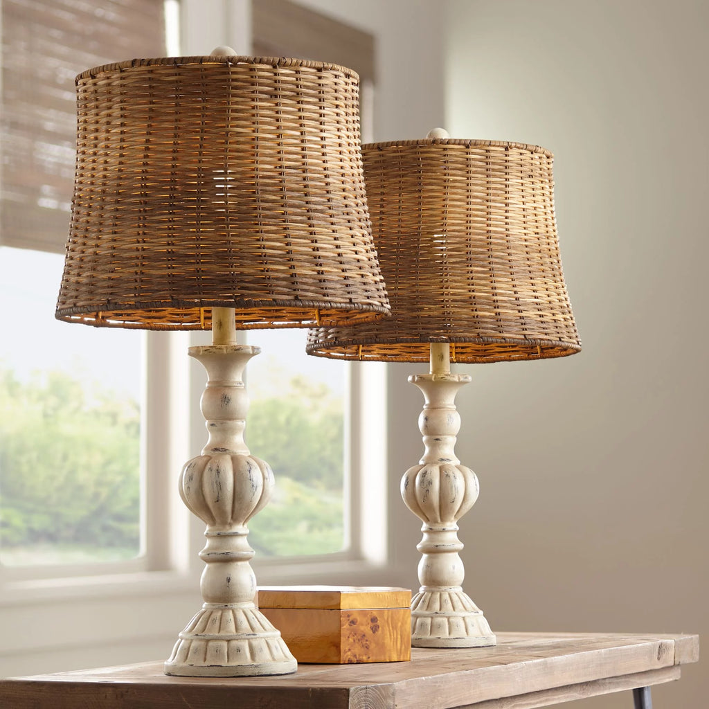 Antique White Rattan Table Lamps Set of 2 G8975
