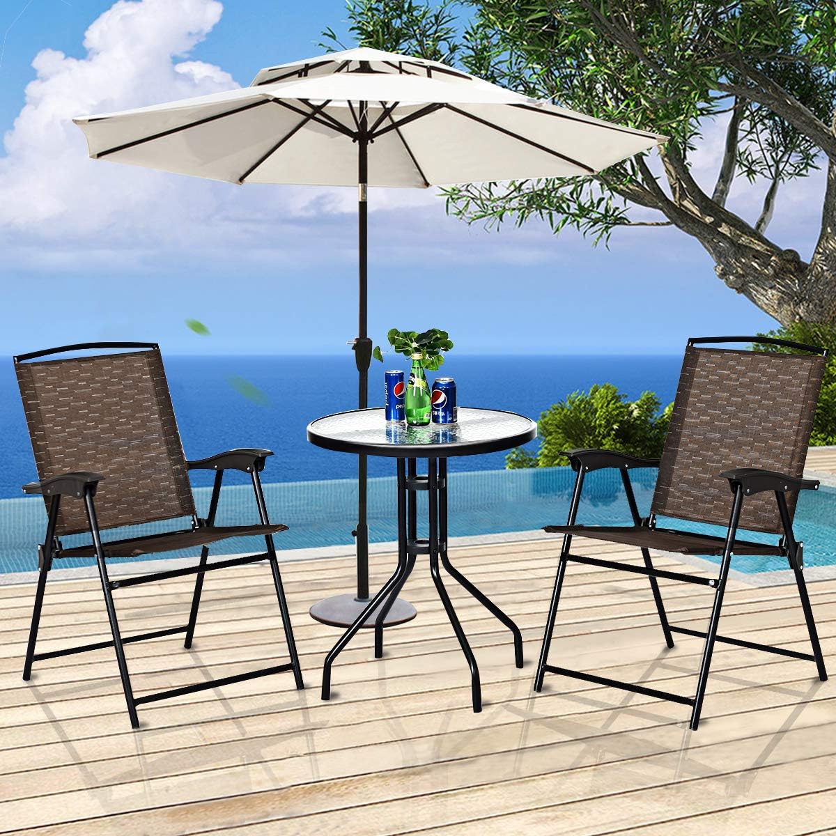 3-Piece Patio Bistro Set with Round Tempered Glass Table and 2 Foldable Chairs E307743