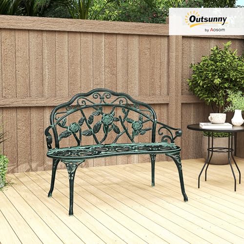 Green Cast Aluminum Metal Bench with Floral Rose Accent O8135