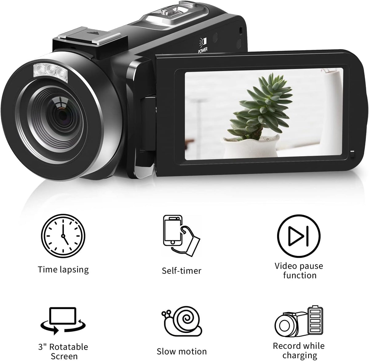 2.7K 30FPS Digital Video Camera with 2 Batteries IR Night Vision 30MP 270 Degree Rotation Screen J630742