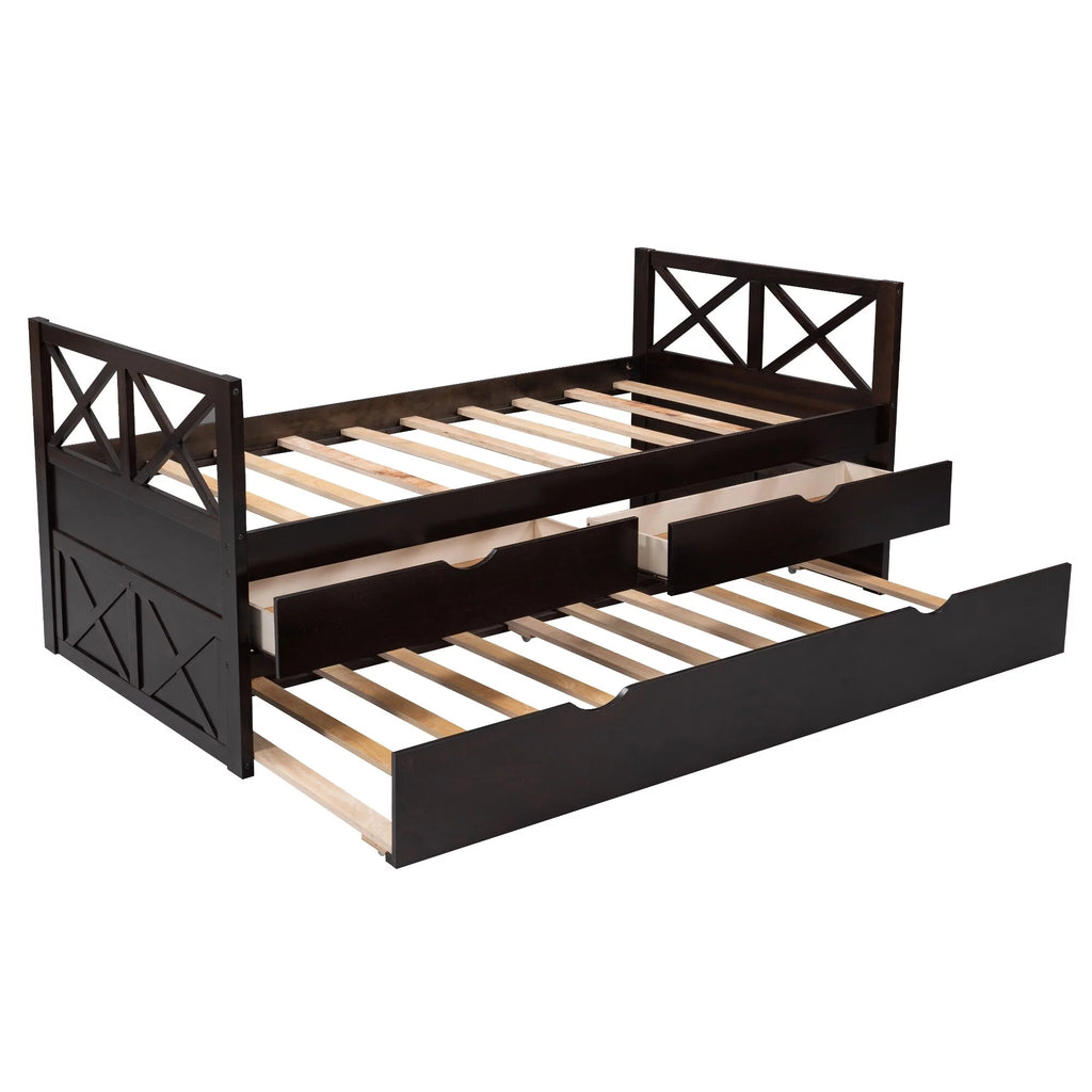Solid Pine Wood Daybed with Two Drawers and Trundle T946693