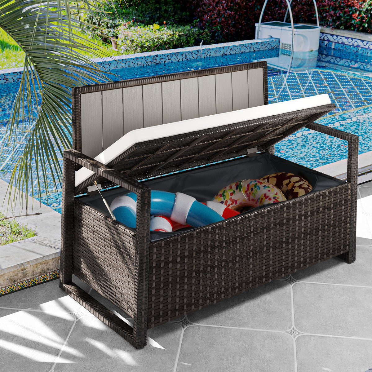 70 Gallon PE Rattan Storage Bench Deck Box with Cushions R743018