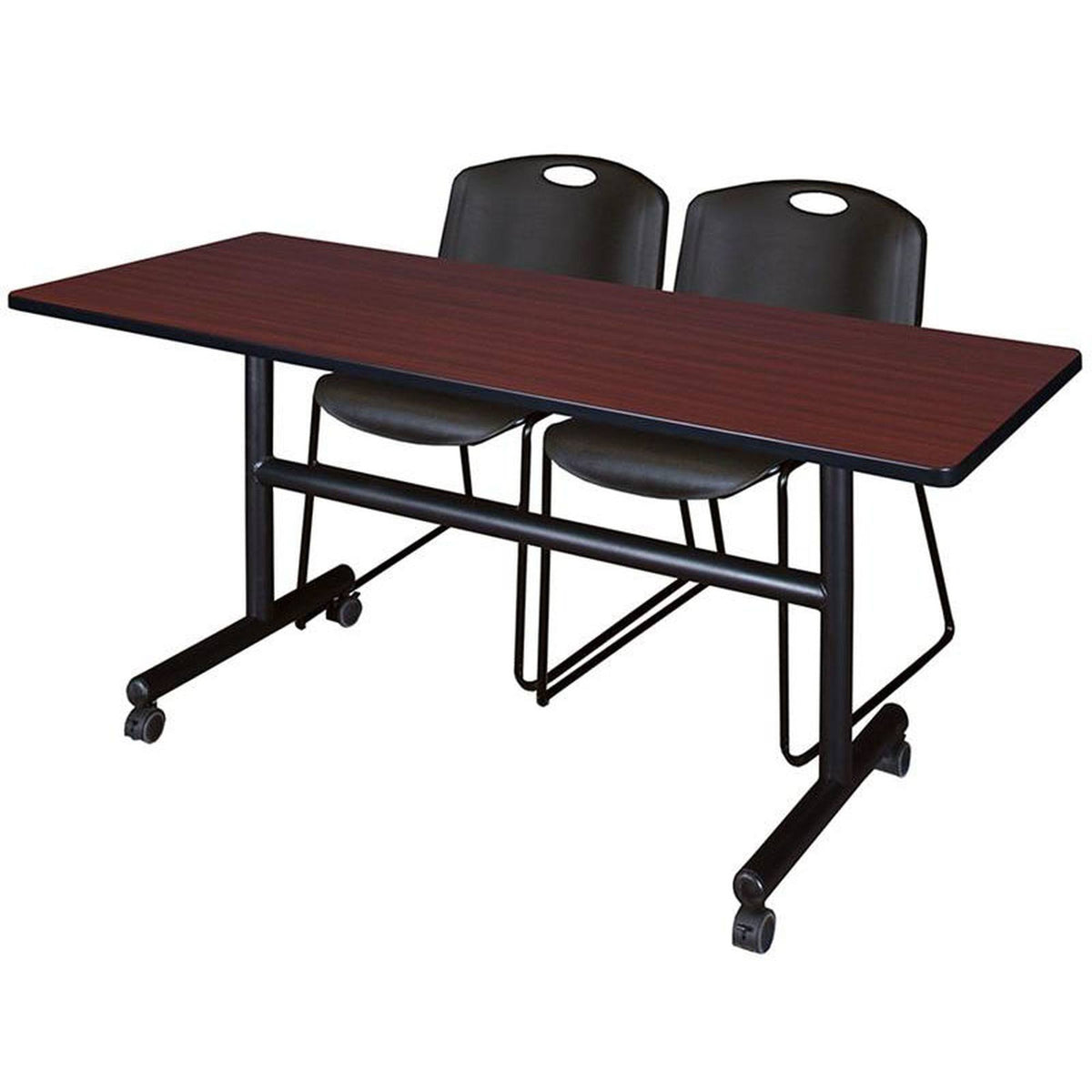 Mahogany Flip Top Mobile Training Table with 2 Stack Chairs W130
