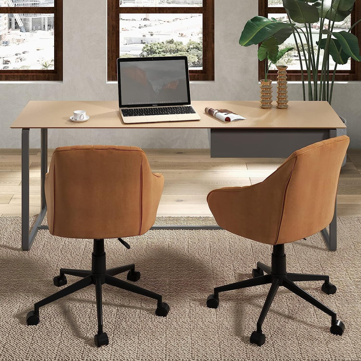Brown Leather Office Chair with Wheels and Armrests H19320