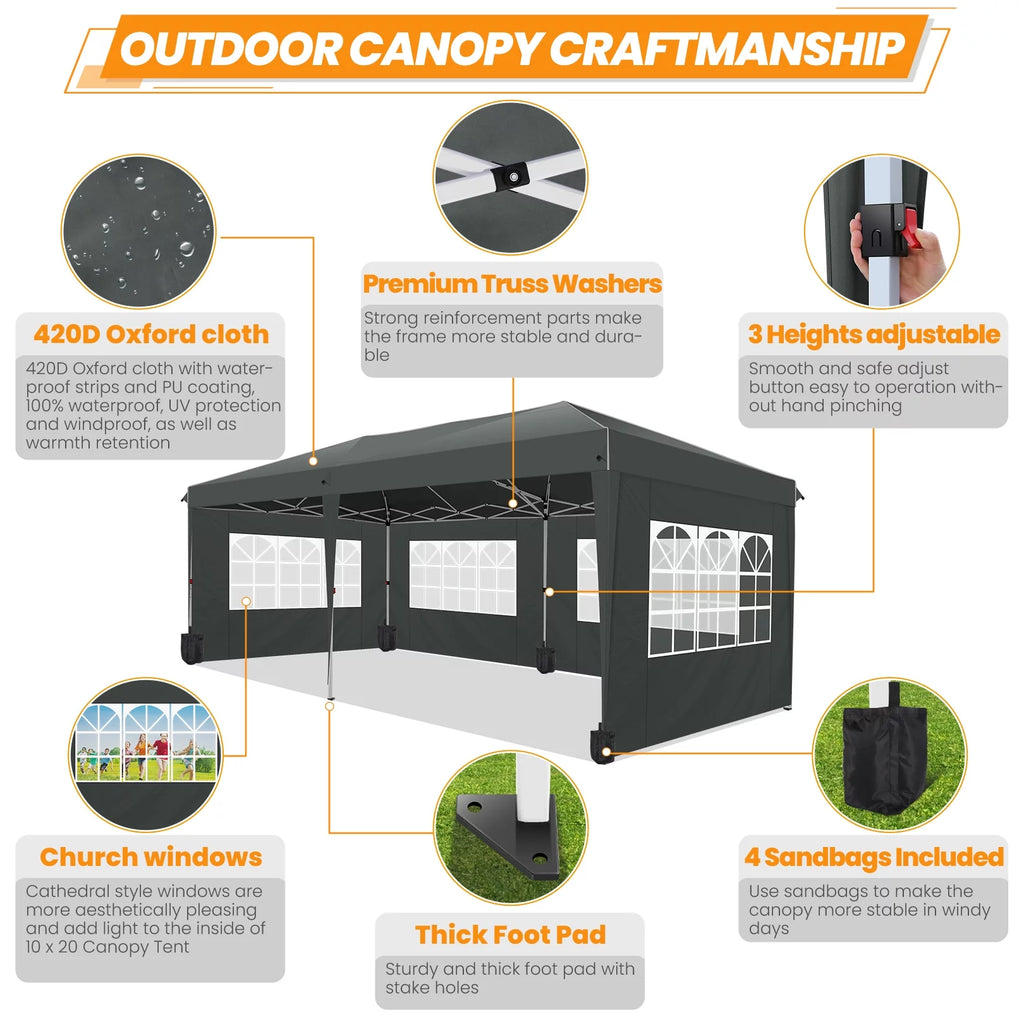 10'x20' Pop up Canopy Tent with 6 Sidewalls and Carry Bag F11792