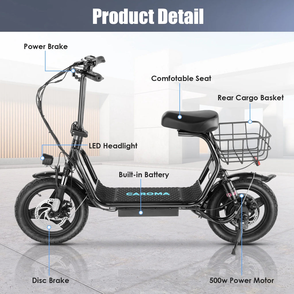 48V 500W Adults Electric Scooter with Removable Seat, 14" Off-road Pneumatic Tires, 20 MPH Max, 30 Miles Range, 350lbs Weight Limit, Black L103