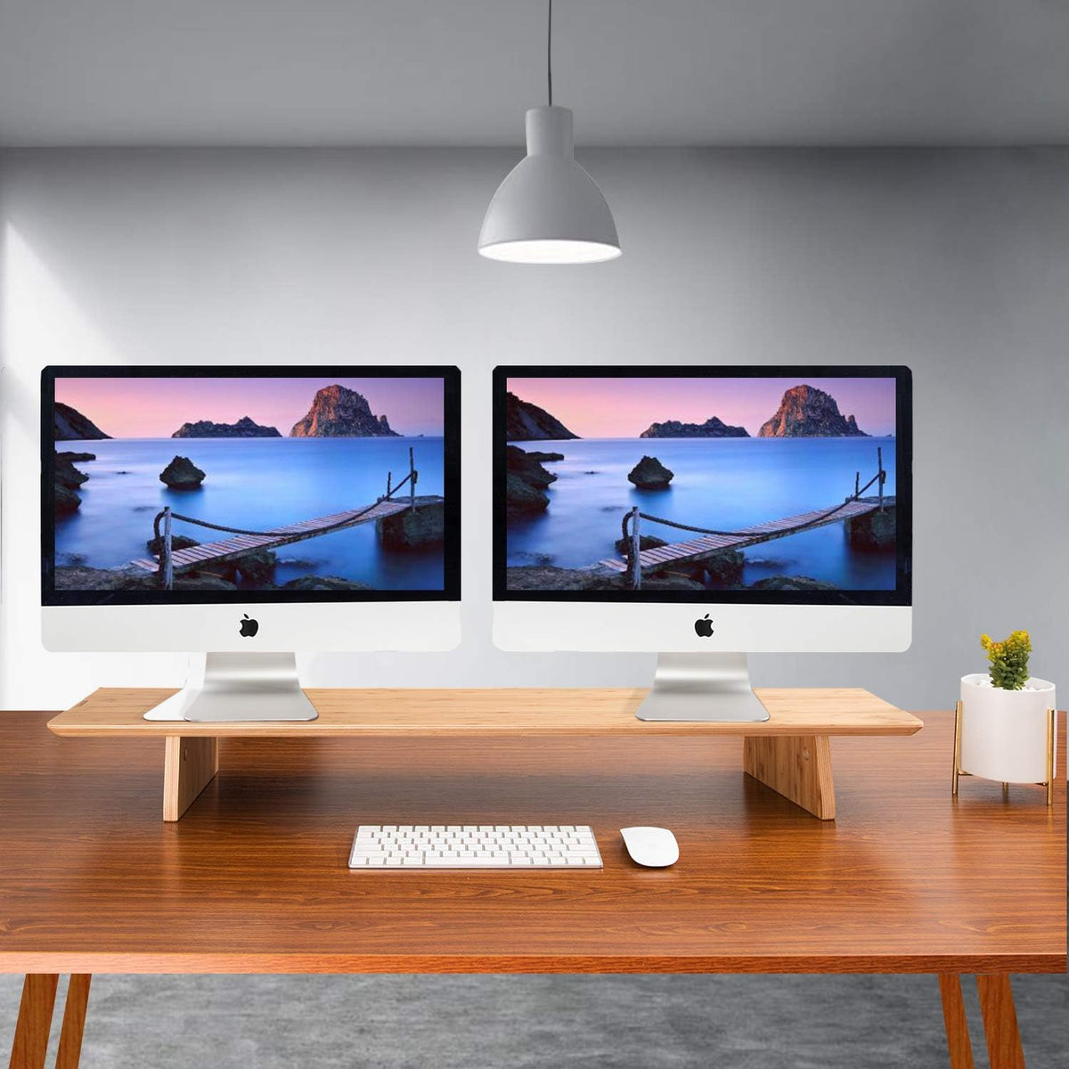 Large Bamboo Wood Dual Monitor Stand Riser Pack of 2 Y949