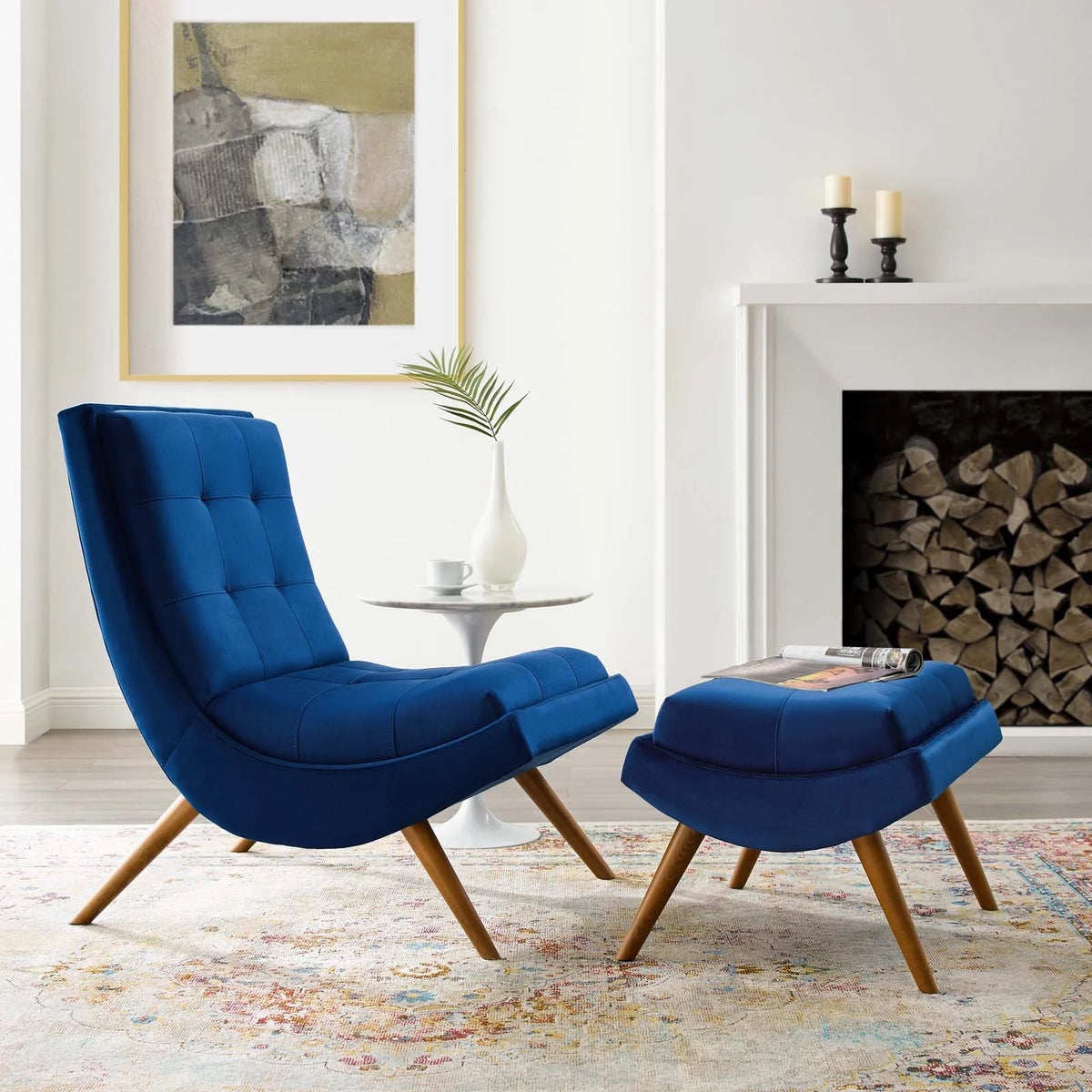 Navy Velvet Lounge Chair and Ottoman Set C779