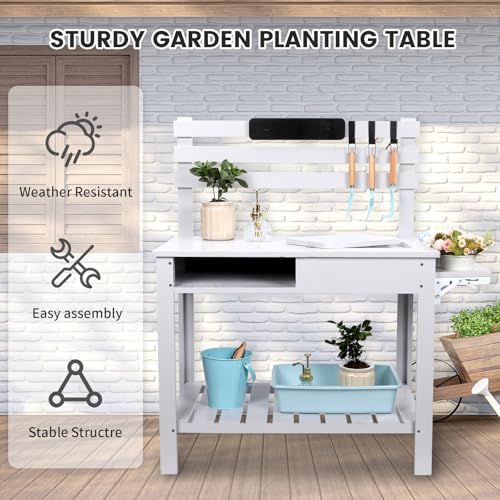 Wooden Potting Bench Table with 3 Side Hook Shelf P5347