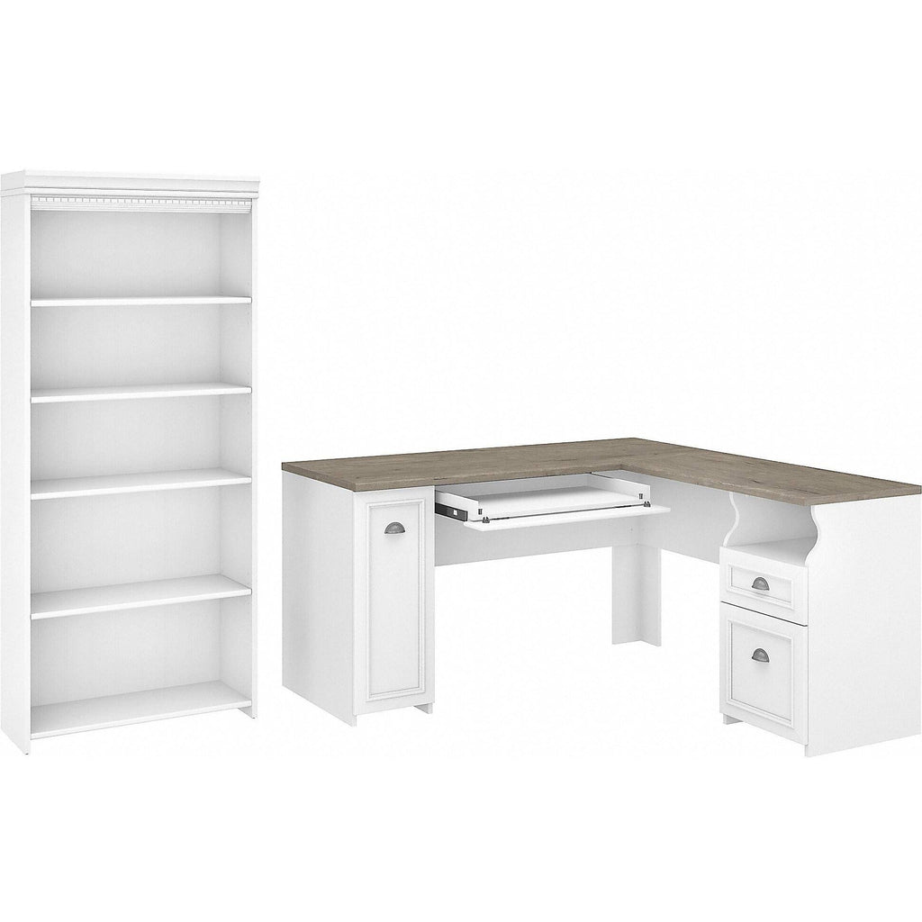 Gray L Shaped Desk with 5 Shelf Bookcase L4849