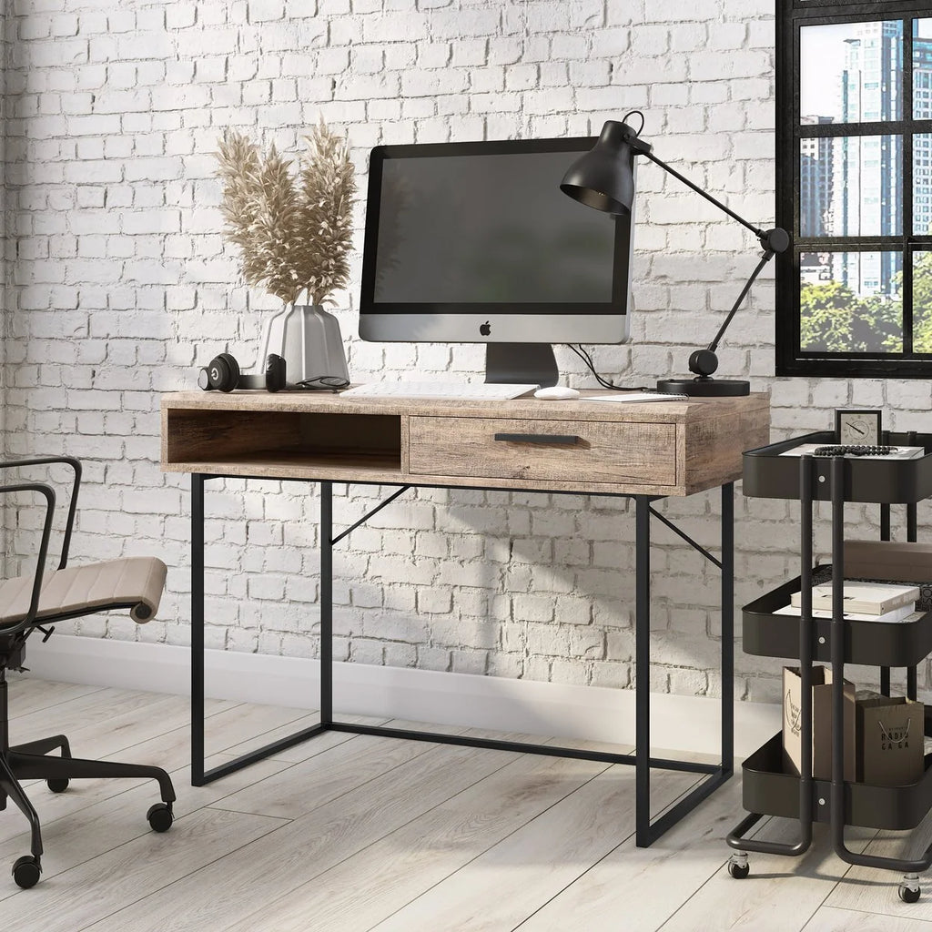 Brown Engineered Wood Grain Finish Desk with Drawer & Cubby B5889