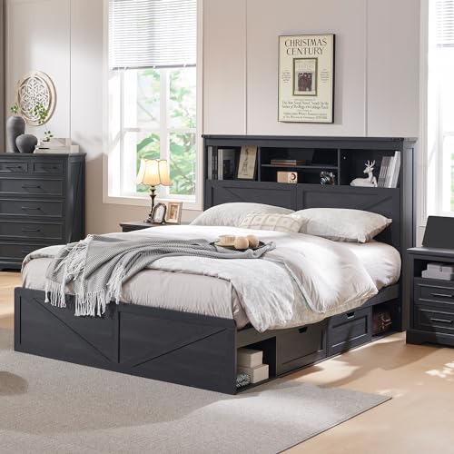 King Size Wood Bed Frame with Storage Headboard and 4 Drawers N7988