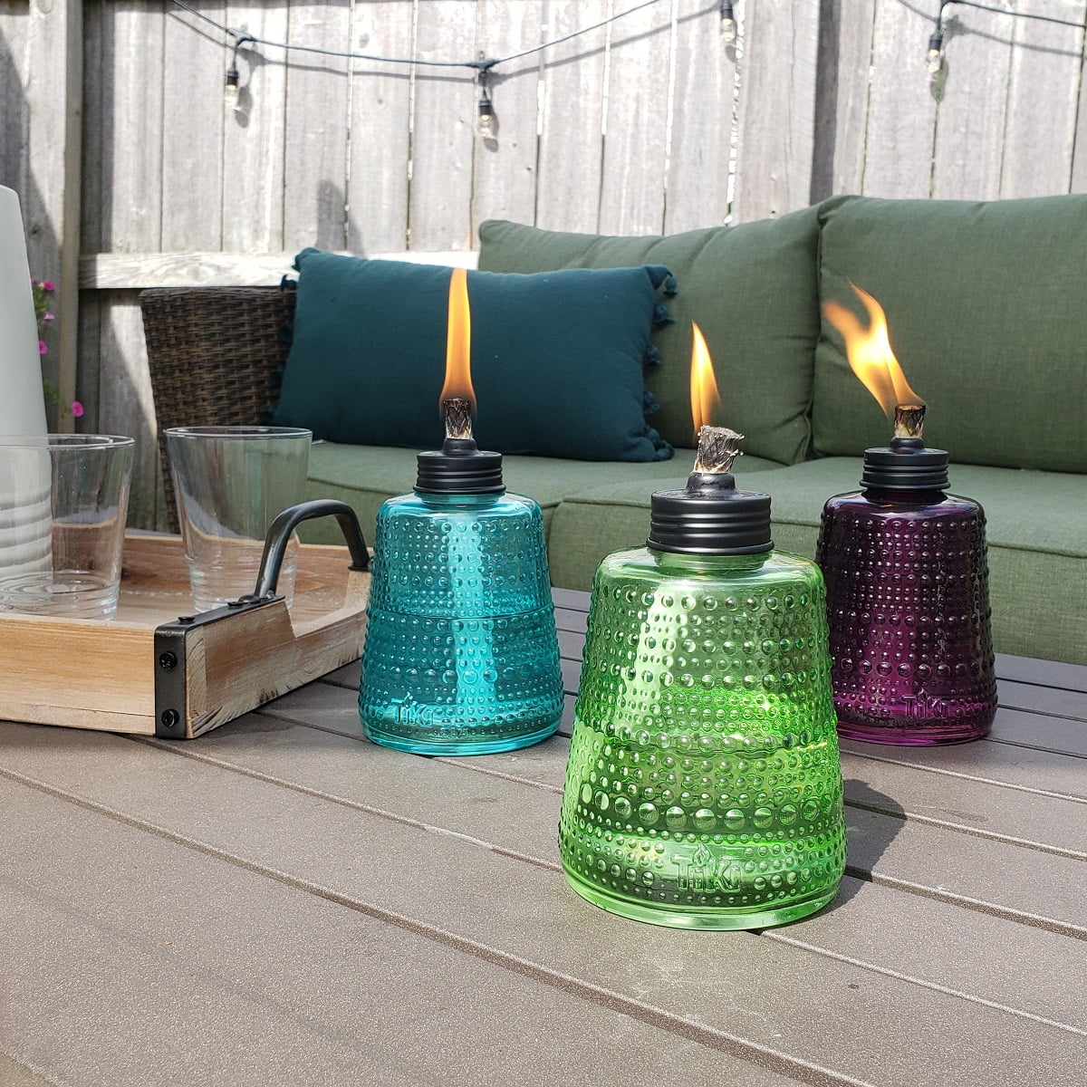 3-Pack 6" Table Torch Glass Blue Green and Purple C4379