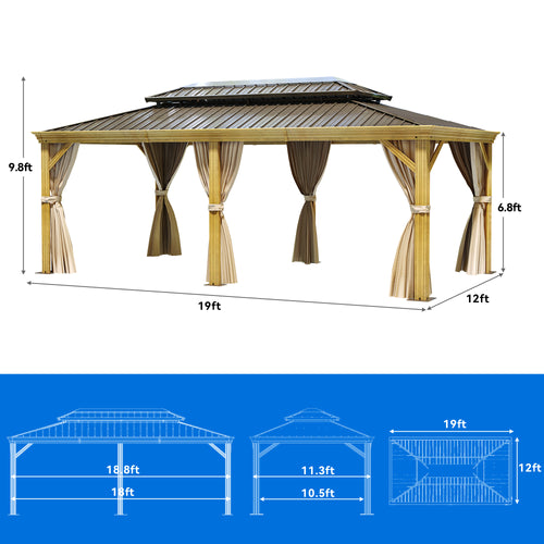 12x20ft Hardtop Gazebo with Nettings and Curtains, Wood Grain Double Roof Galvanized Steel K185912