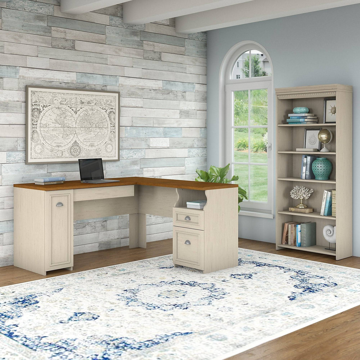 Gray L Shaped Desk with 5 Shelf Bookcase L4849