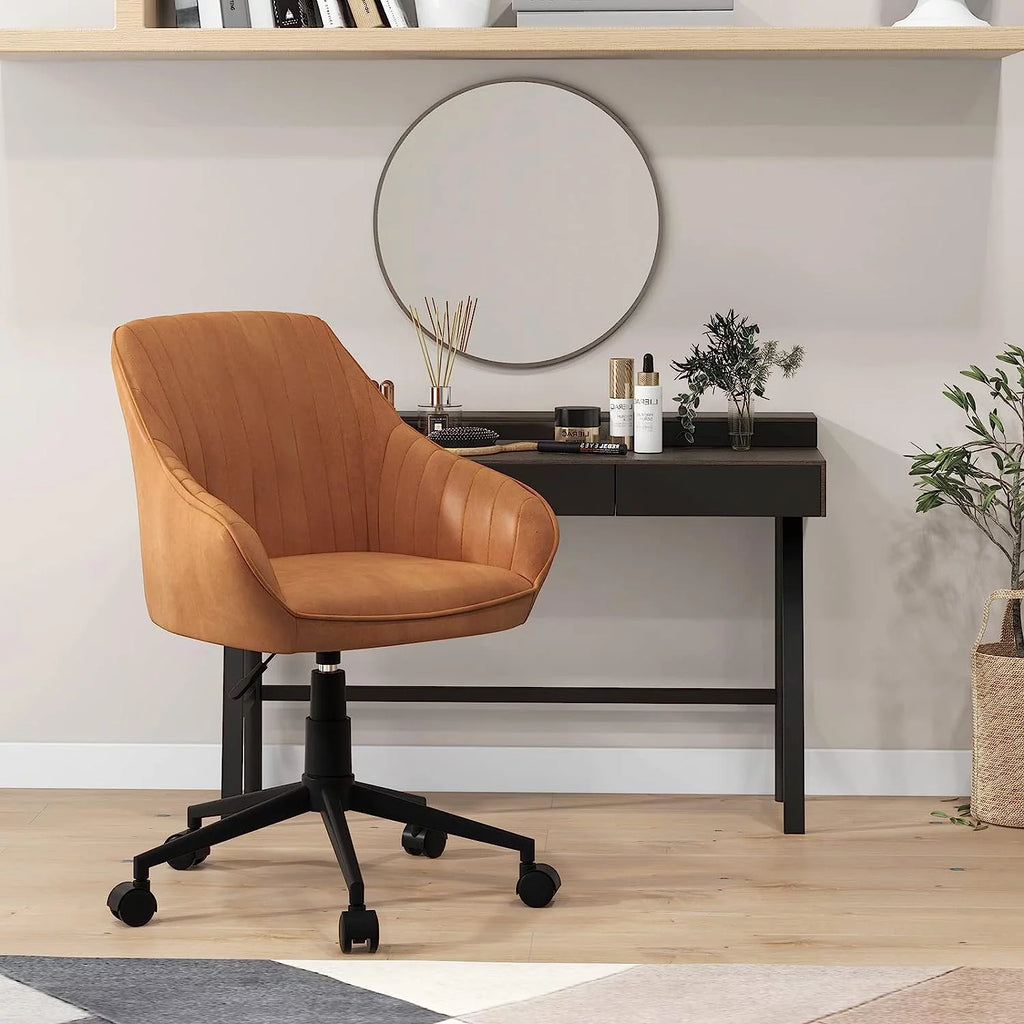 Brown Leather Office Chair with Wheels and Armrests H19320
