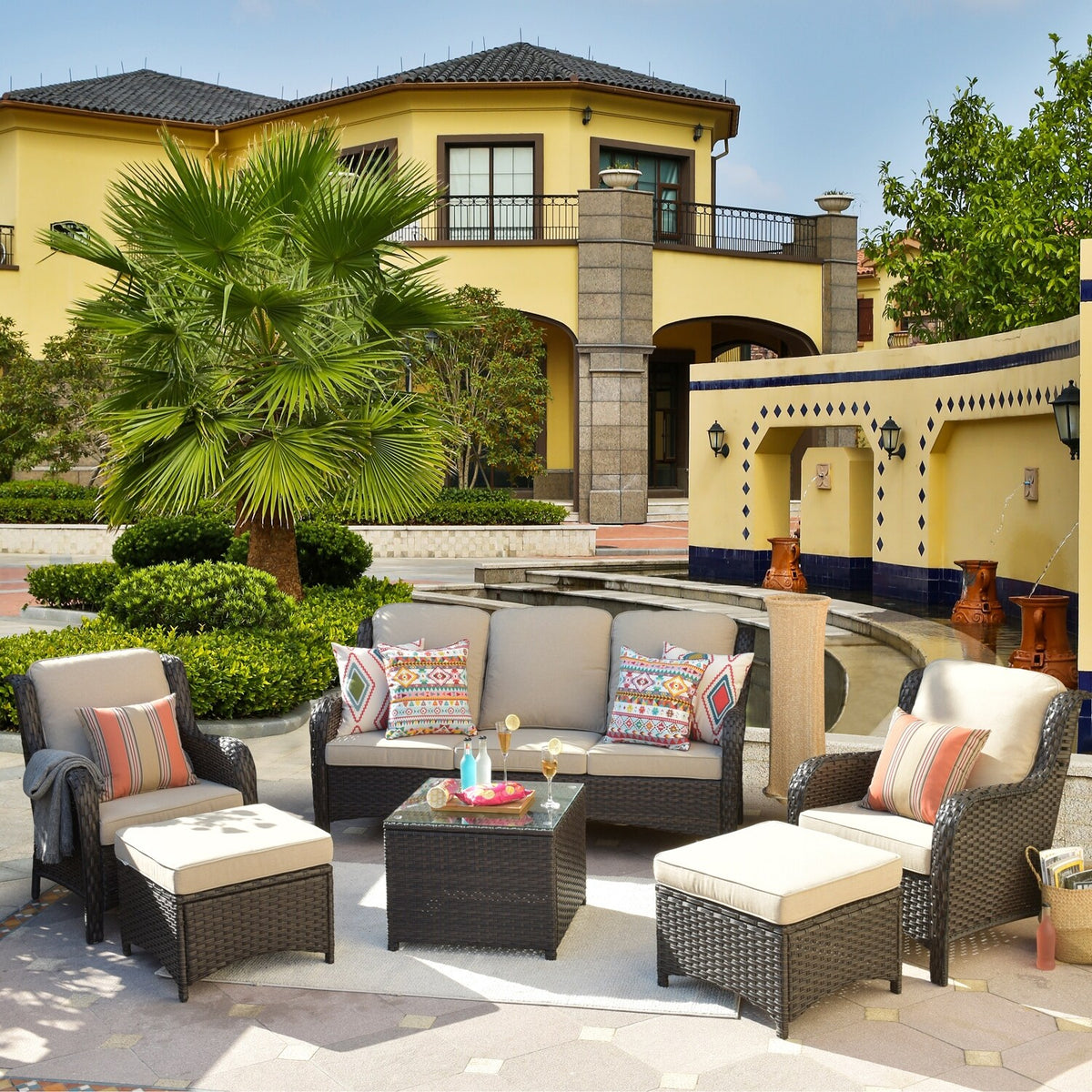 Beige 6-piece Wicker Sectional Set with Table P9960