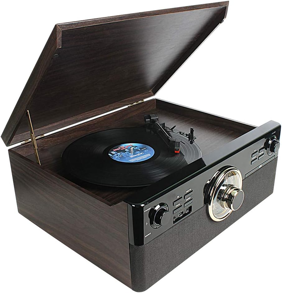 8-in-1 Bluetooth Record Player Turntable with Speakers, Cassette, CD, USB, FM, Wood H255102