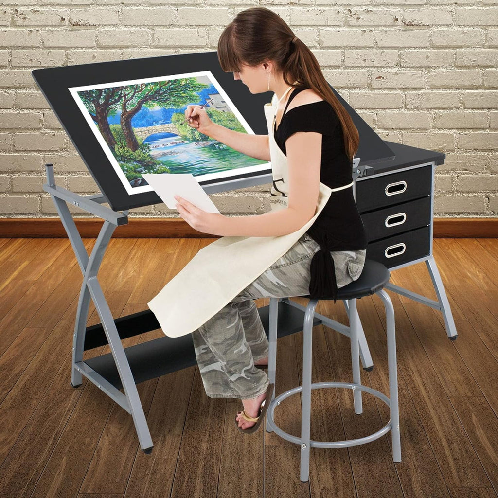 Height Adjustable Art Desk with 3 Storage Drawers U712