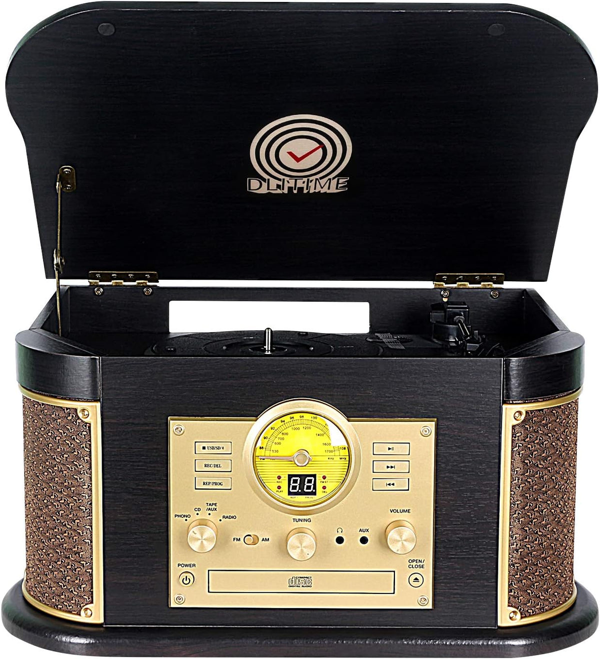 8-in-1 Bluetooth Record Player Turntable with Speakers, Cassette, CD, USB, FM, Wood H255102