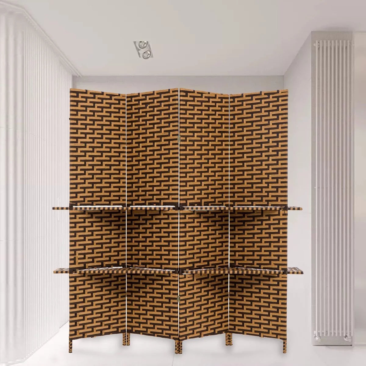 Freestanding Woven Bamboo 4 Panels Hinged Privacy Screen with Shelves U758