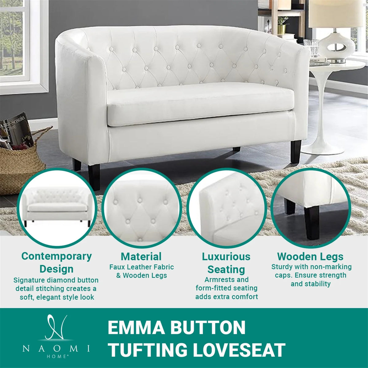 White Faux Leather Barrel Loveseat H84523