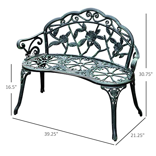 Green Cast Aluminum Metal Bench with Floral Rose Accent O8135