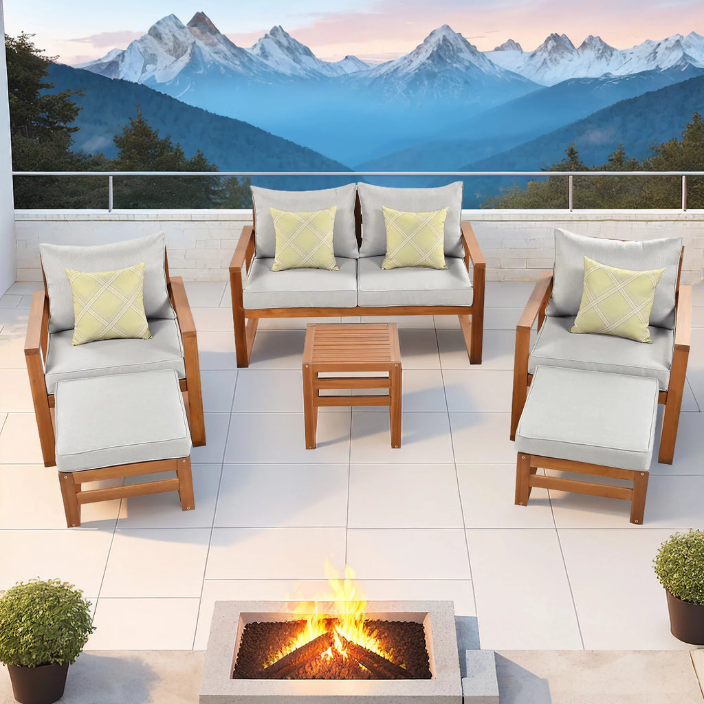 6 Piece Solid Wood Patio Furniture Set with Gray Cushions E47479