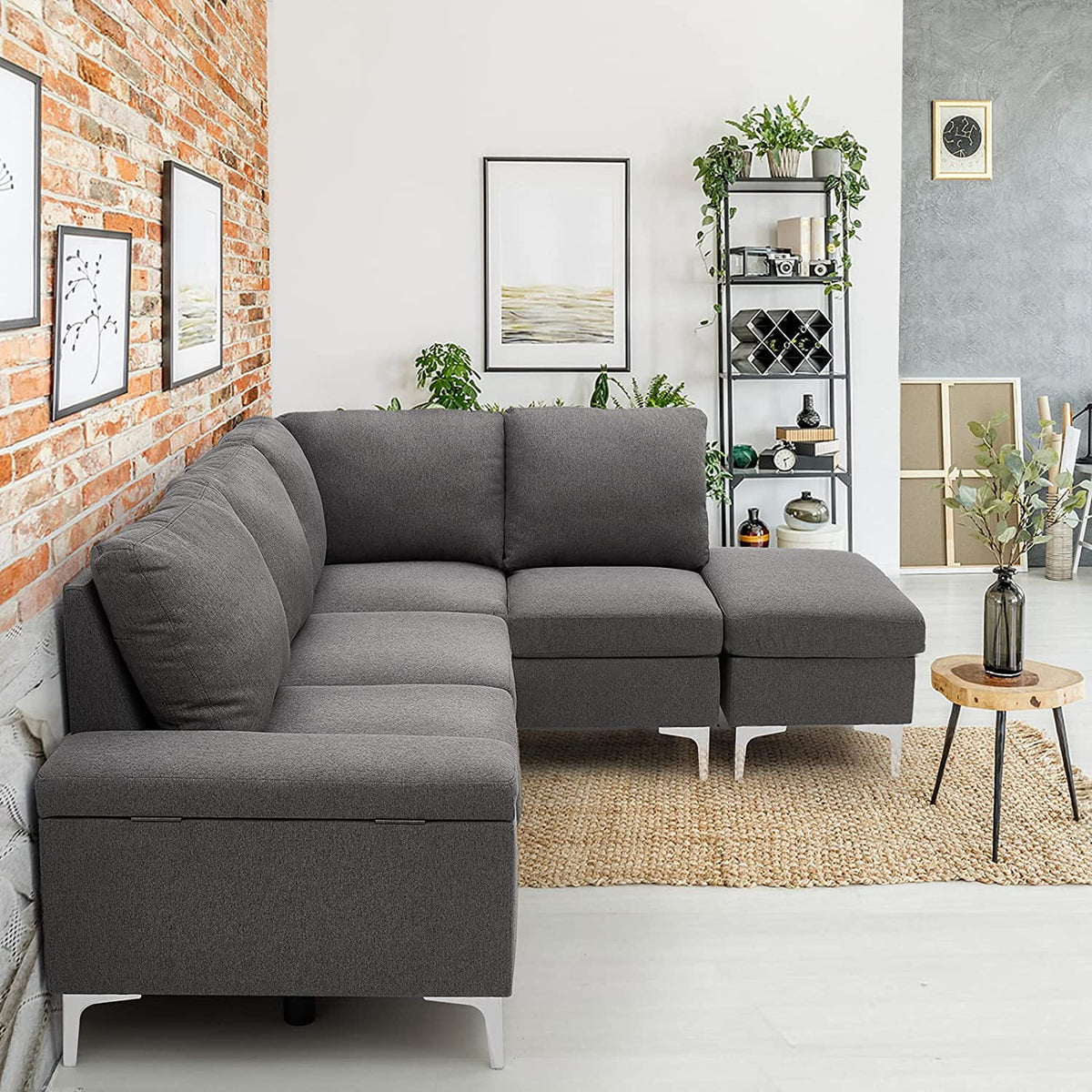 85.5" Right Facing Sectional Sofa with Ottoman in Gray O475839
