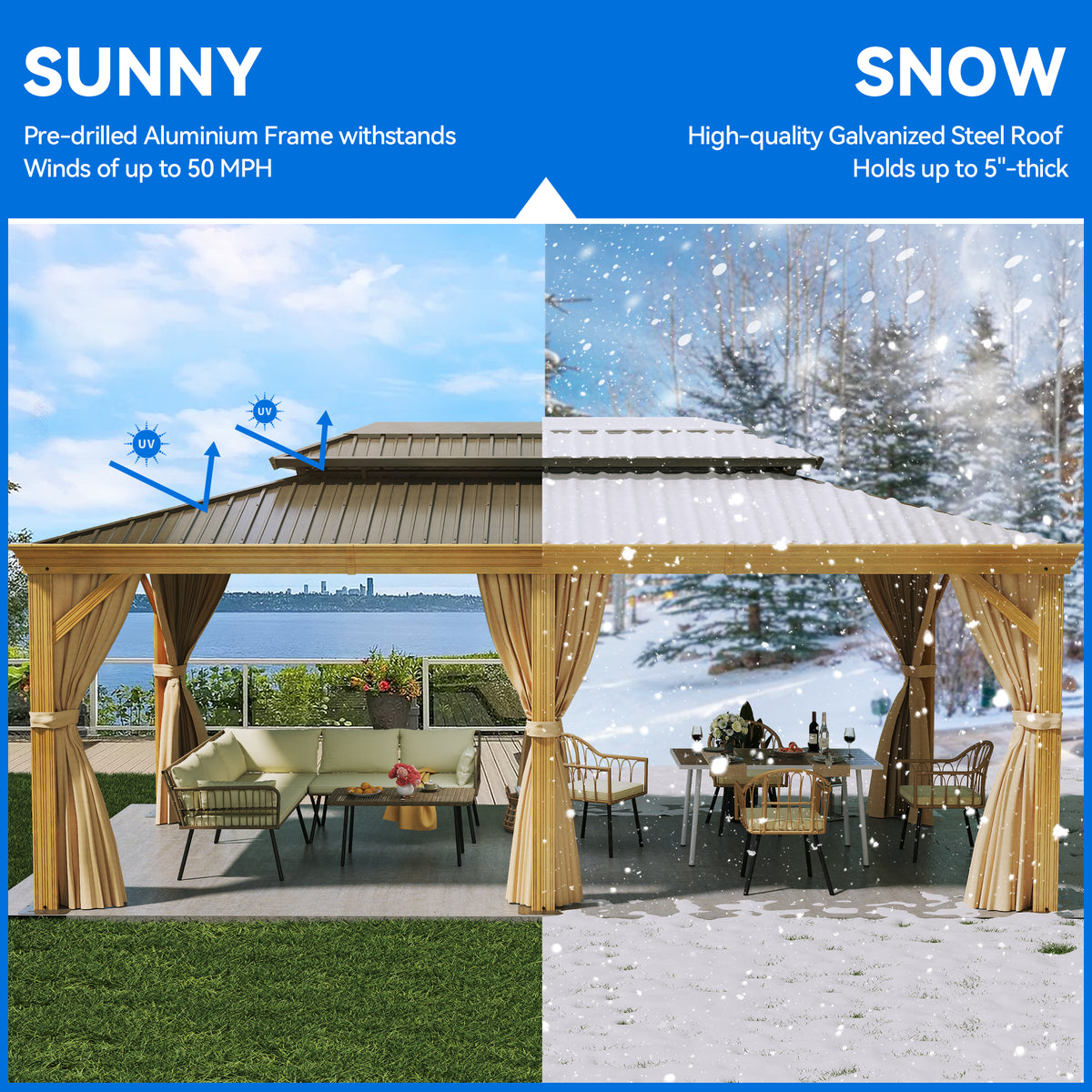12x20ft Hardtop Gazebo with Nettings and Curtains, Wood Grain Double Roof Galvanized Steel K185912