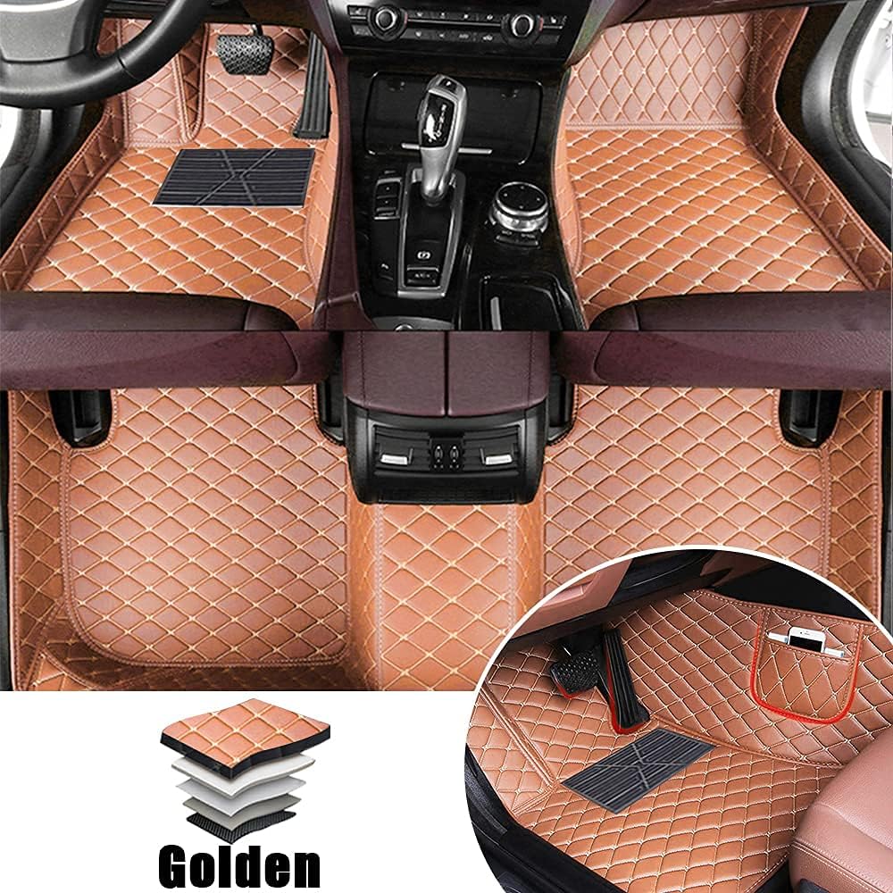 Leather Car Floor Mats Front ＆ Rear Full Coverage Liner/Set (Gold Color) W29642