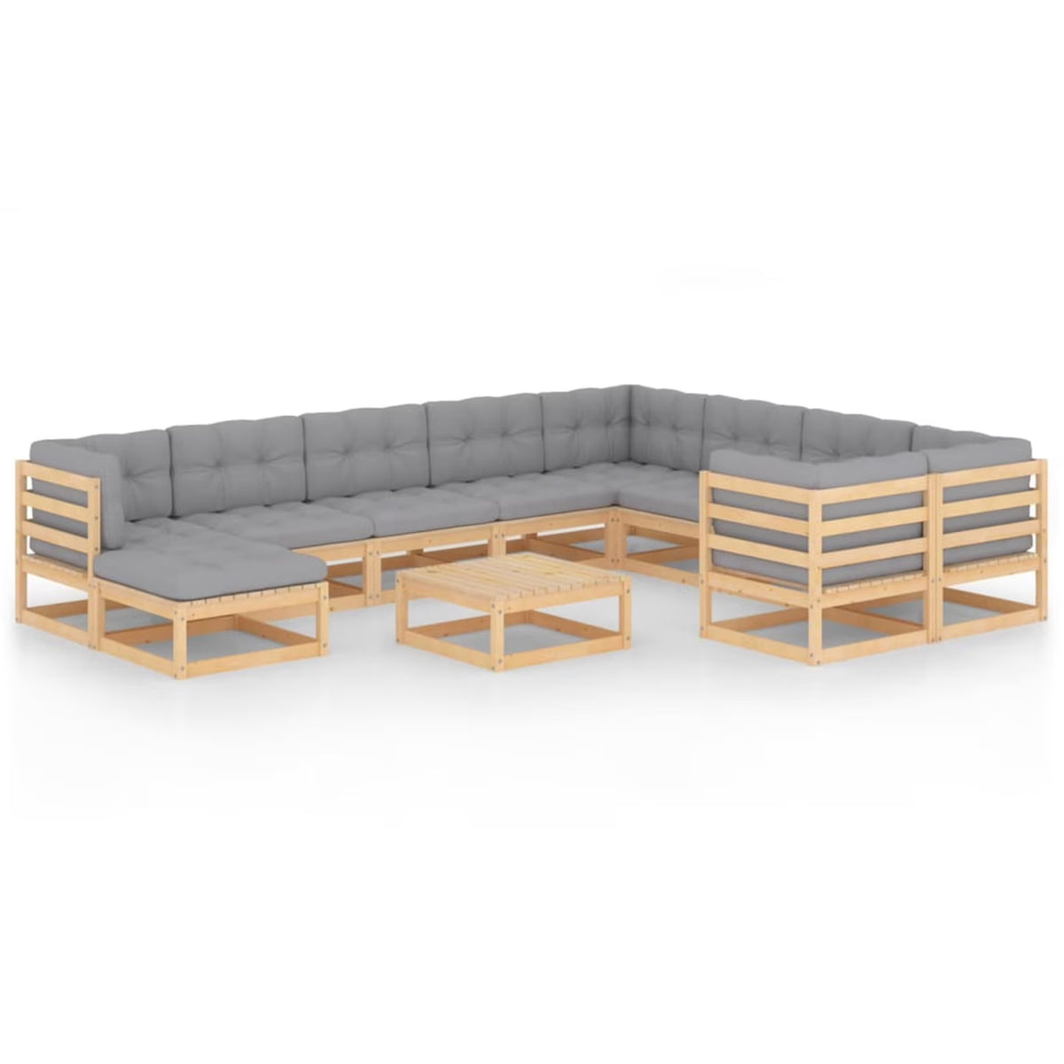 11 Piece Gray Cushioned Pinewood Sectional Outdoor Furniture Set X933