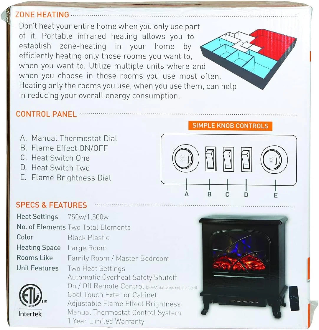 Black Infrared Electric Fireplace Stove Heater F1087
