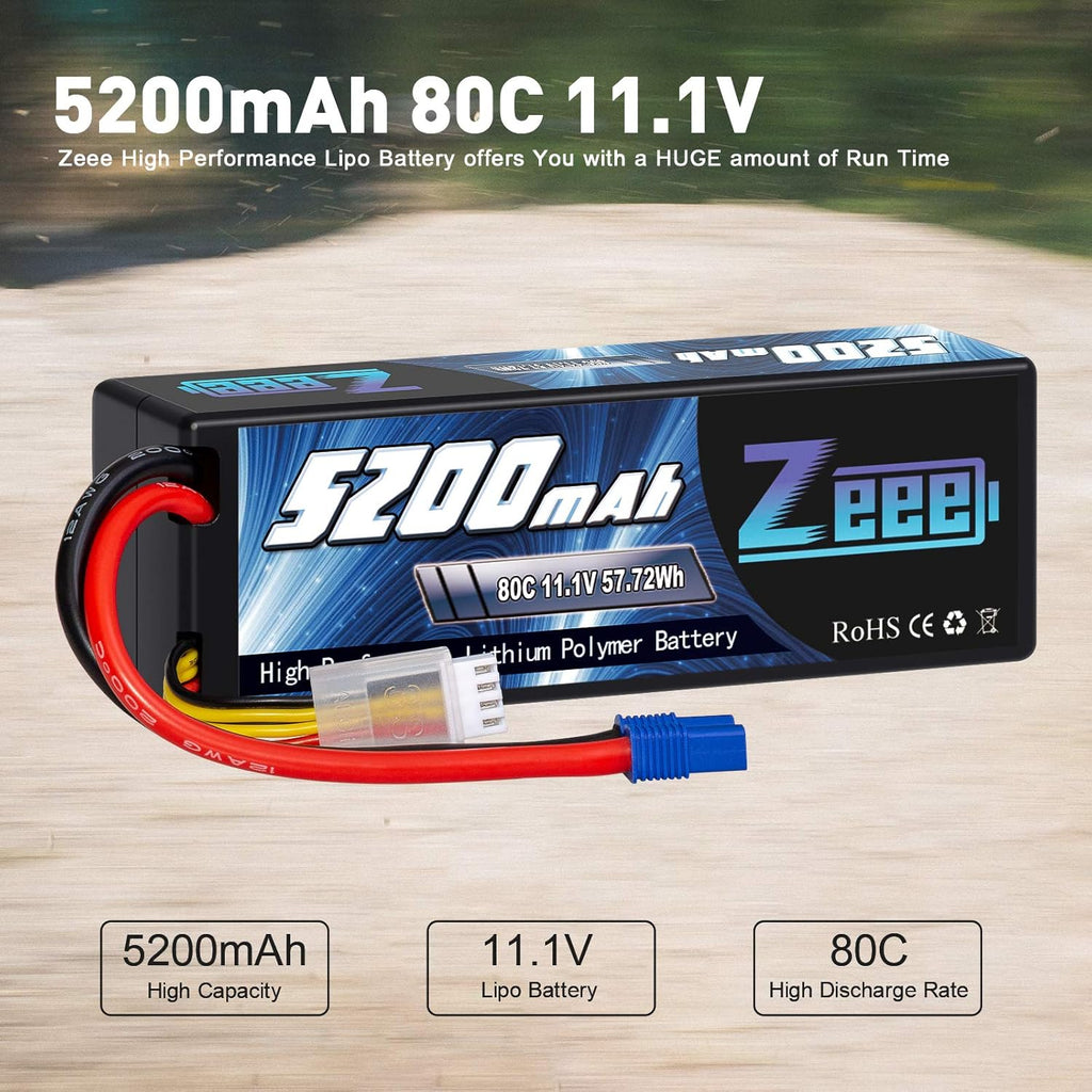 3S Lipo Battery 5200mAh 11.1V 80C with EC3 Plug Hard Case Battery (2 Pack) B221238
