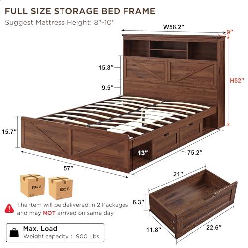 King Size Wood Bed Frame with Storage Headboard and 4 Drawers N7988