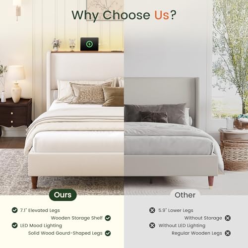 Queen Size Linen Upholstered Platform Bed Frame with Storage Shelf U698