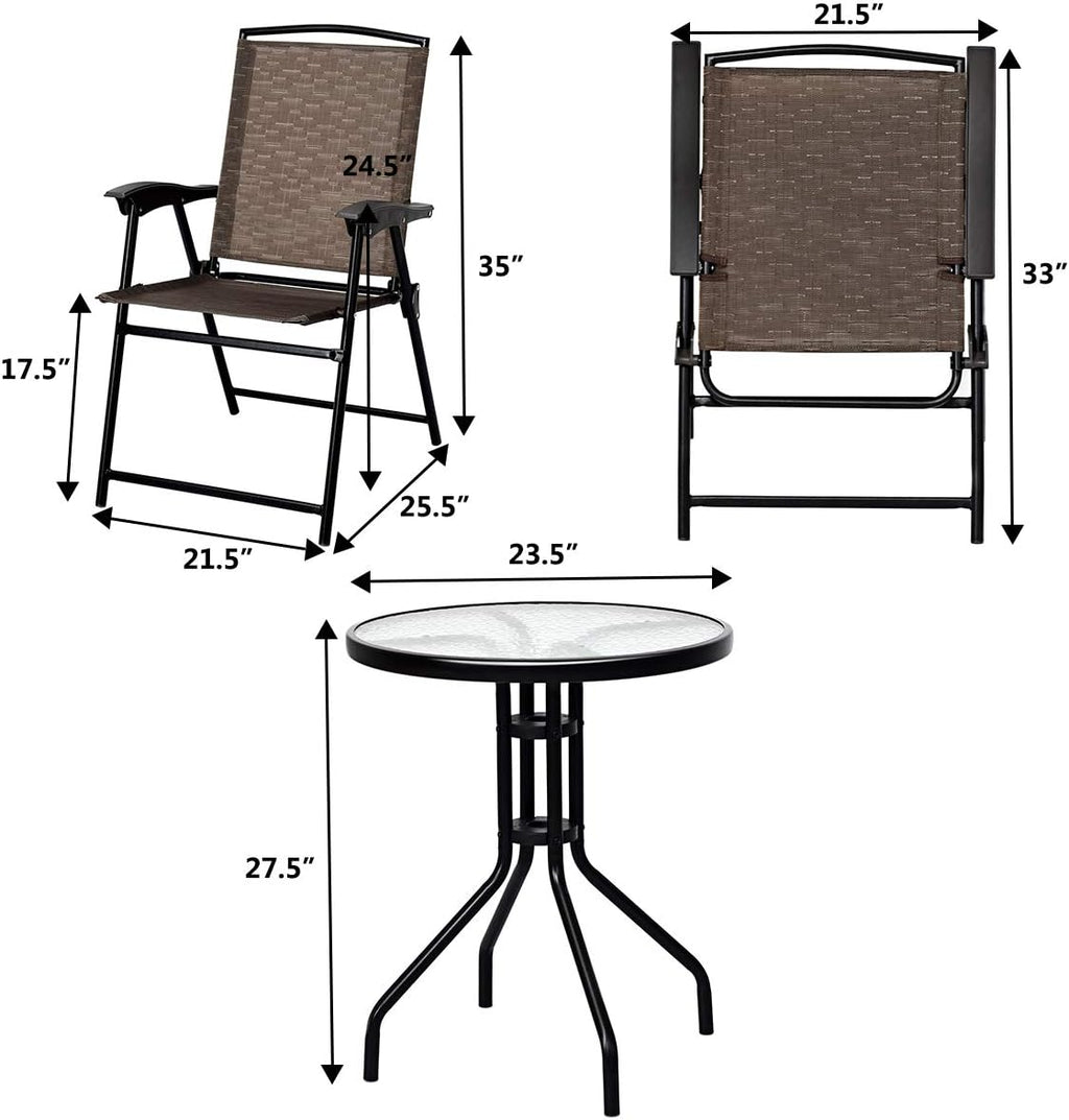 3-Piece Patio Bistro Set with Round Tempered Glass Table and 2 Foldable Chairs E307743