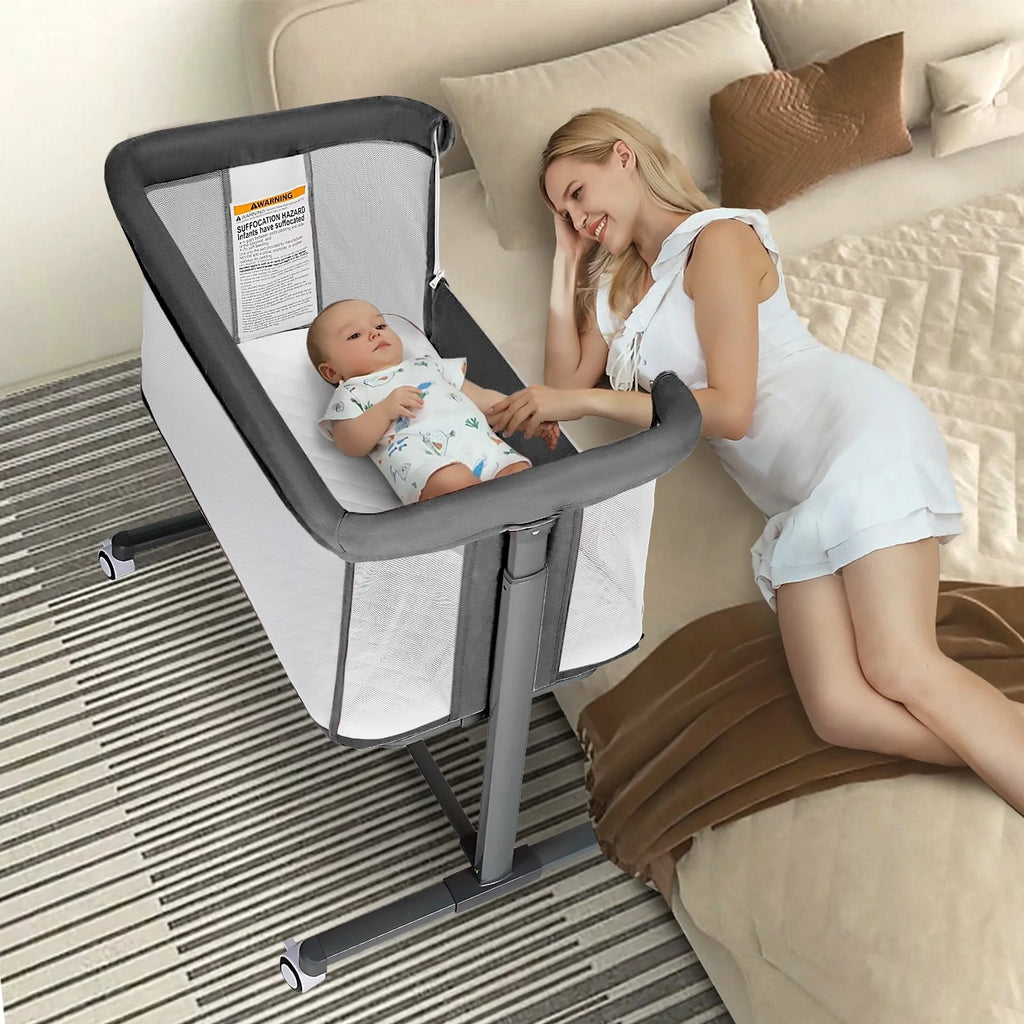 Baby Bassinet with Wheels Adjustable Bedside Sleeper Grey H817