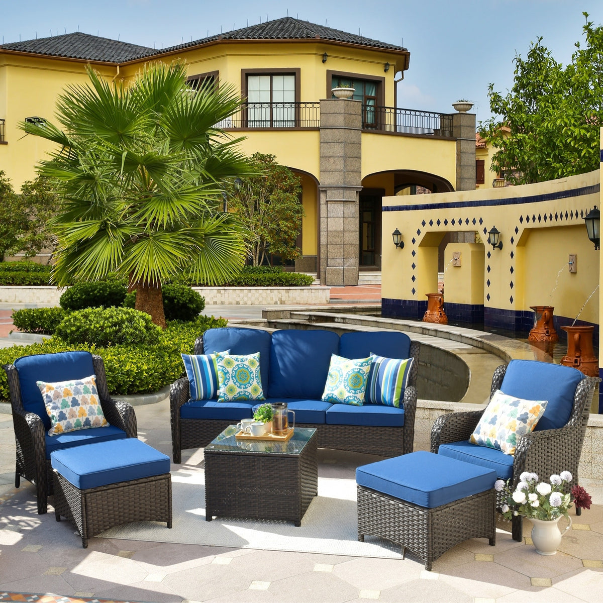 Beige 6-piece Wicker Sectional Set with Table P9960