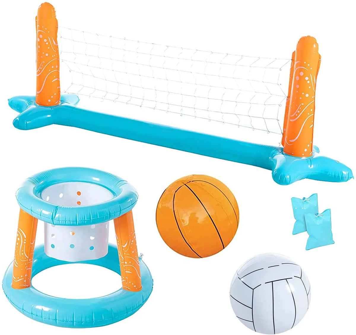 Light Blue Inflatable Volleyball Net & Basketball Hoops Pool Float Set E5843