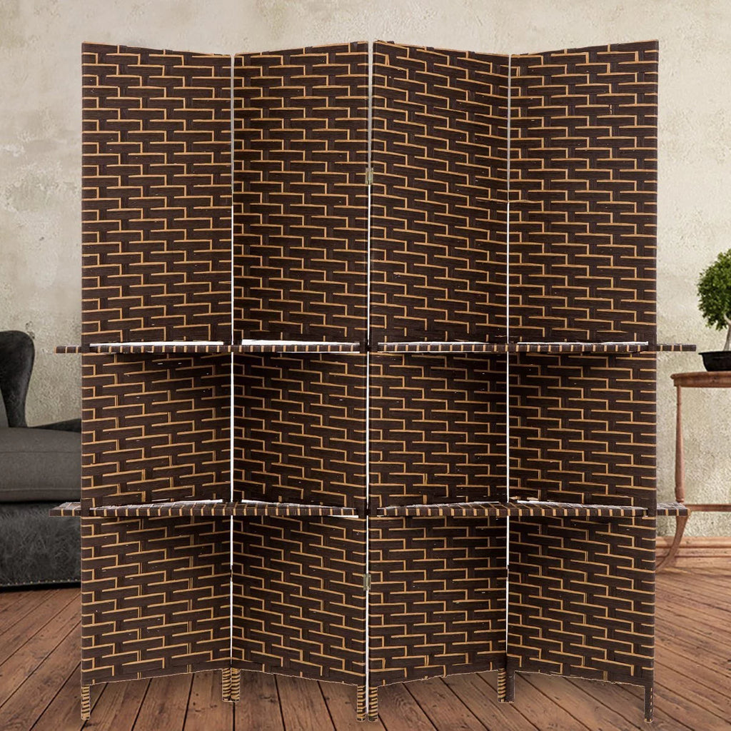 Freestanding Woven Bamboo 4 Panels Hinged Privacy Screen with Shelves U758