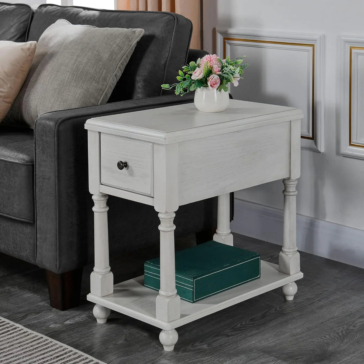 Narrow 2 Tier Solid Wood End Table with Drawer F470185