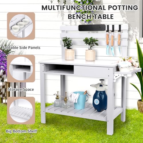 Wooden Potting Bench Table with 3 Side Hook Shelf P5347